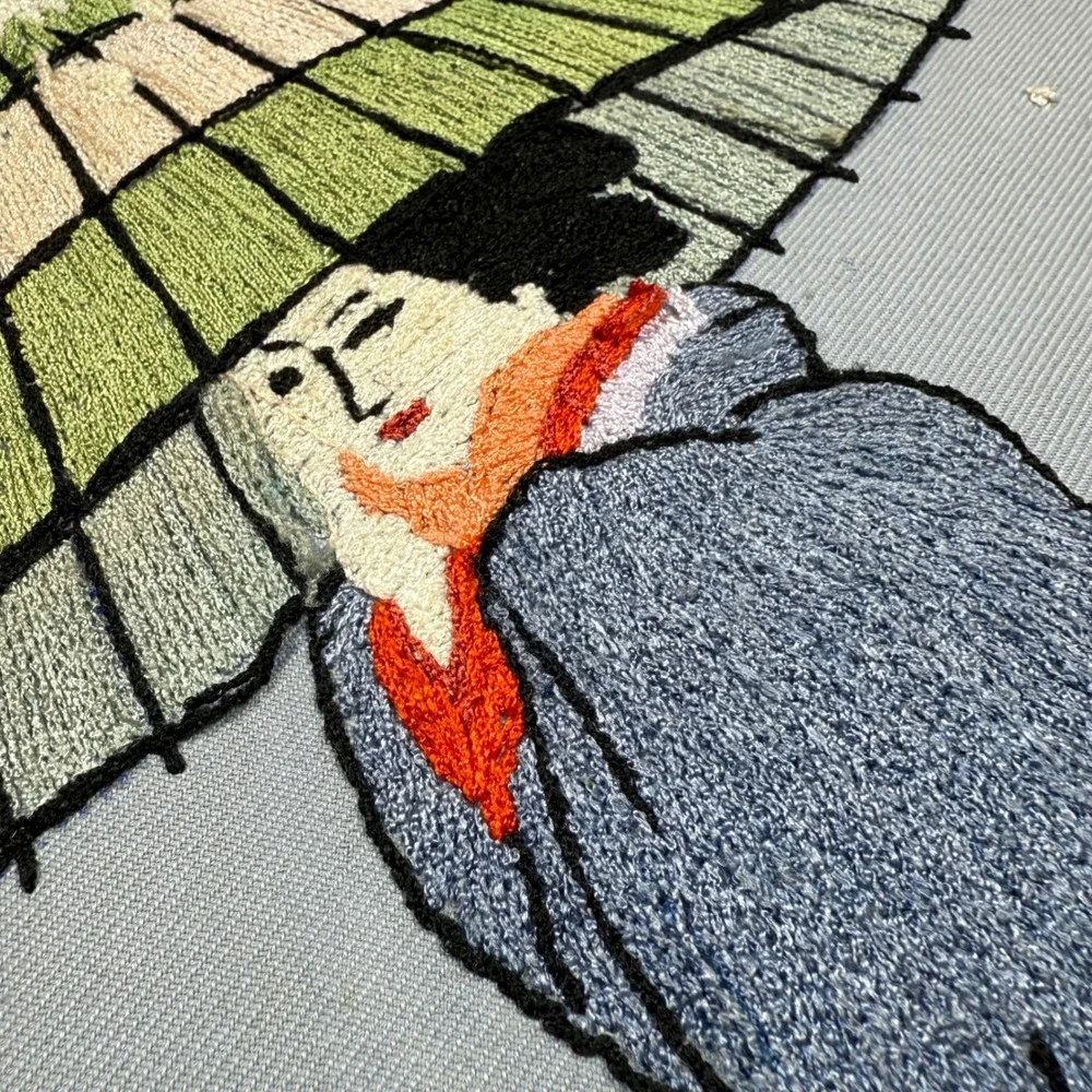 Vintage Asian Japanese Hand Geisha Wall Art‎ Crewel Kimono & Wagasa *see pics**